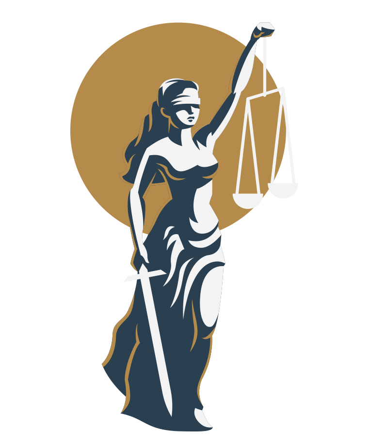 Illustration der Justitia, mit Waage, Schwert und verbundenen Augen, auf braunem Hintergrund.