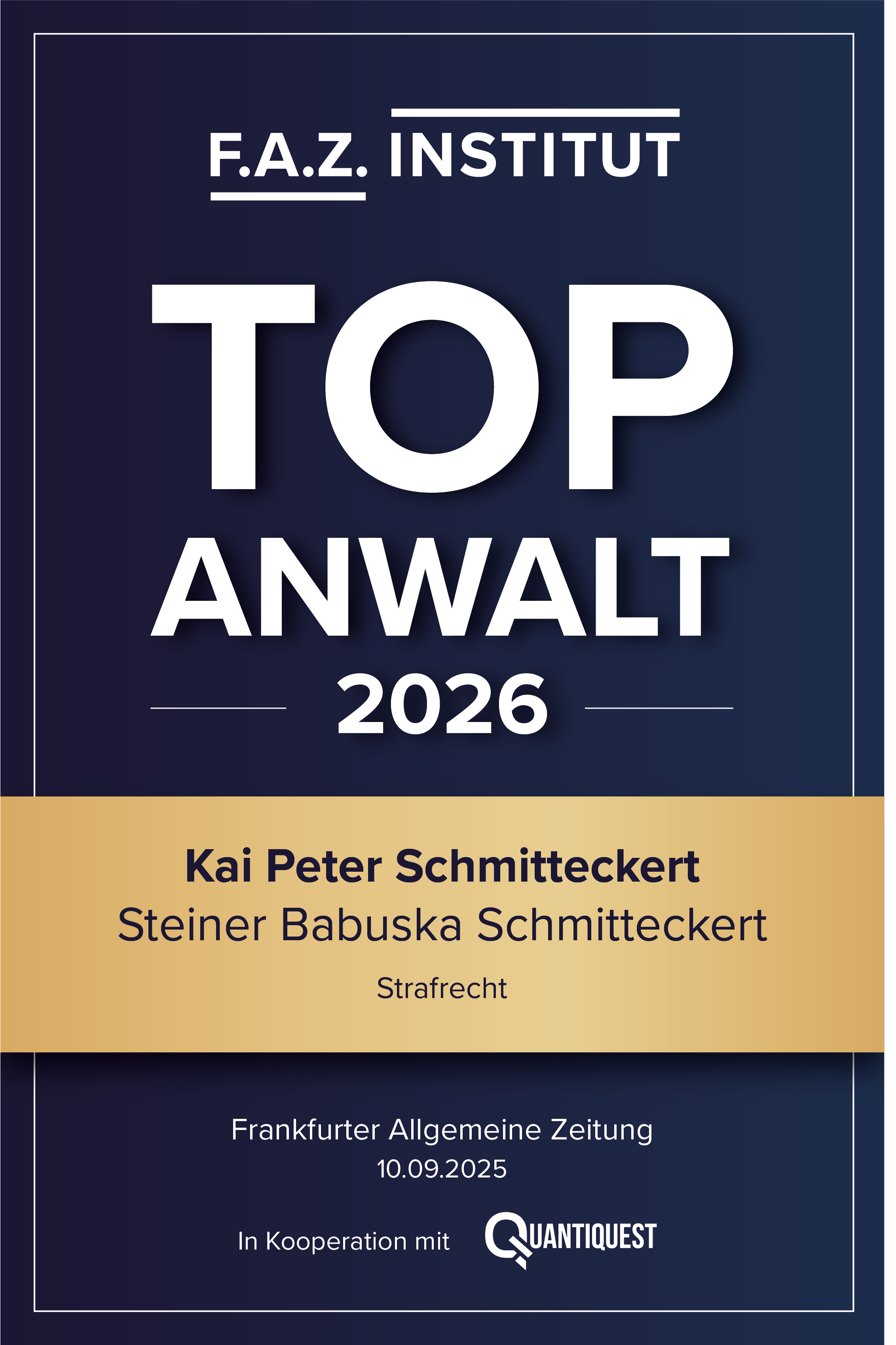 Urkunde in Blau mit silberner TOP Anwaltsauszeichnung für Kai Peter Schmitteckert