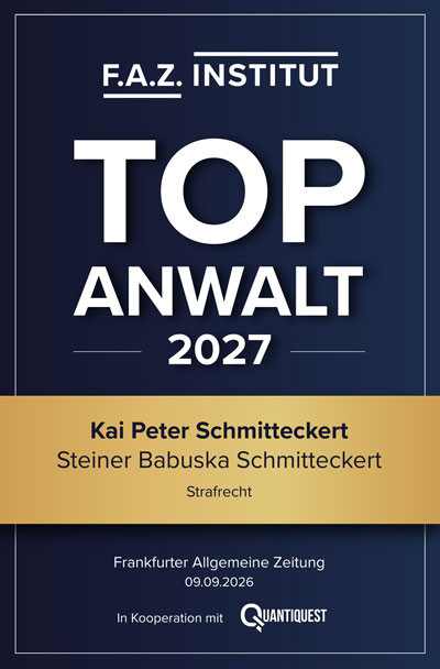 Blaues Zertifikat Top Anwalt 2027 des FAZ Instituts fuer Kai Peter Schmitteckert